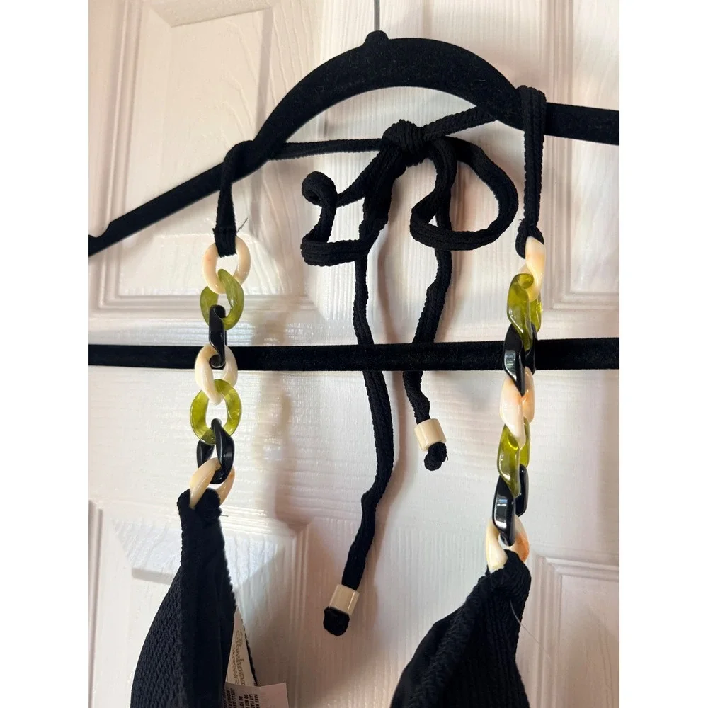 Shoshanna Chain Ribbed Triangle Bikini Top Jet Black Size C/D NWT 5457362